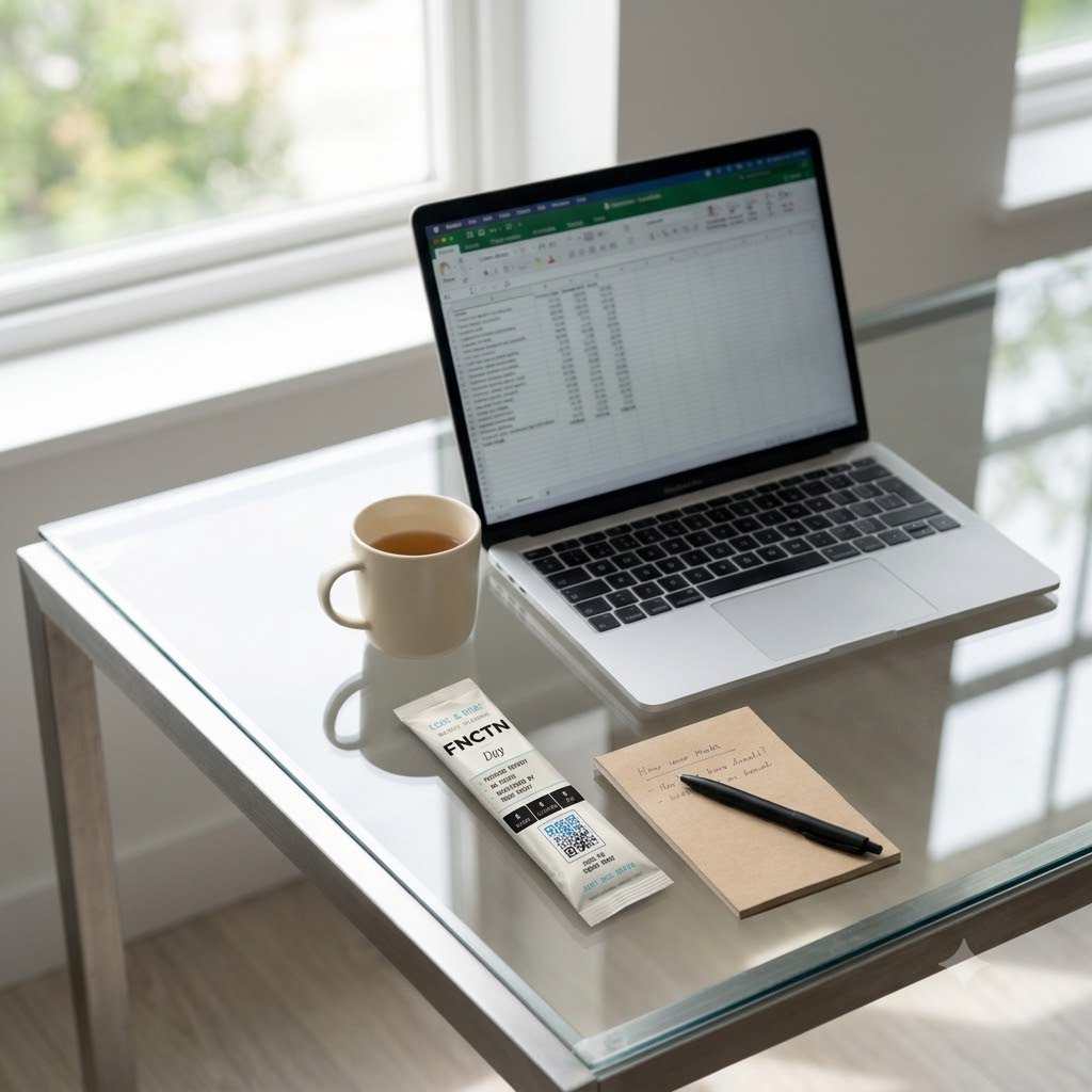A FNCTN DAY stick on a desk beside a laptop and a mug