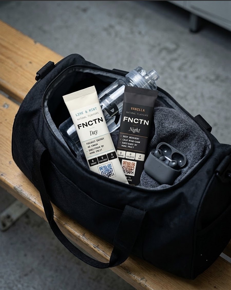 FNCTN DAY and NIGHT sticks packed in a gym bag with a water bottle